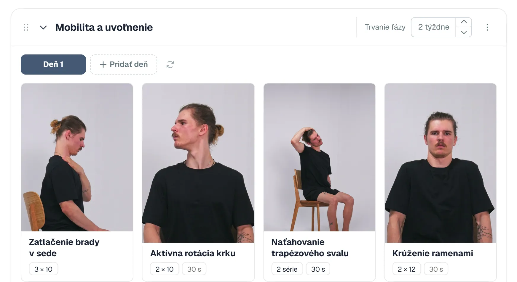 Editor programu Bolesť krčnej chrbtice: fáza Mobilita a uvoľnenie s trvaním 2 týždne, deň 1 so štyrmi cvikmi a ich parametrami, napríklad Zatlačenie brady v sede 3 × 10.